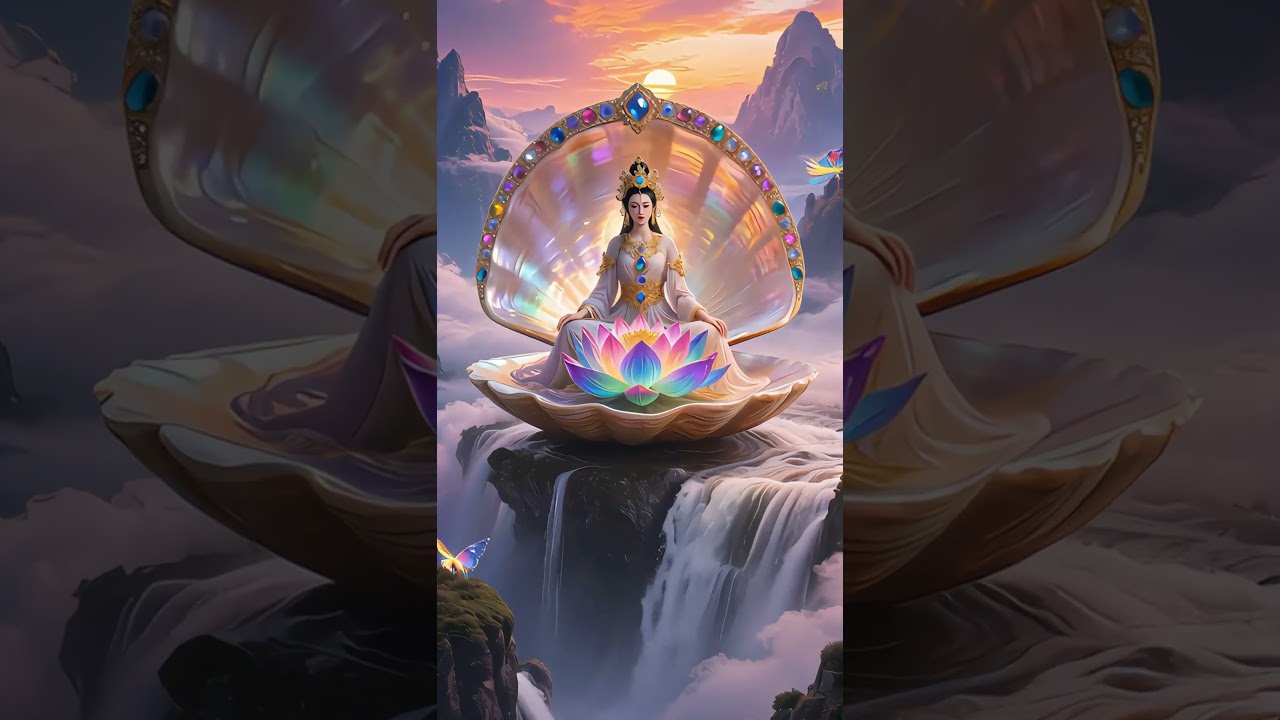 The goddess is sitting on the blooming colorful glazed lotus.